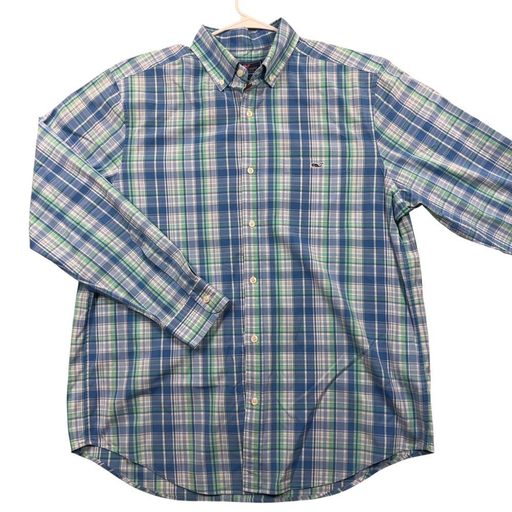 Vineyard Vines Tucker Shirt Mens L Blue Green Plaid Classic Fit Button Down